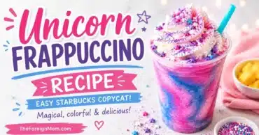 Homemade pink and blue Unicorn Frappuccino recipe topped with whipped cream and colorful sprinkles.
