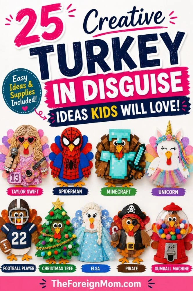 Creative turkey in disguise ideas for kids including Taylor Swift, Minecraft, Spiderman, unicorn, football player, Christmas tree, Elsa, pirate, and gumball machine turkey crafts.