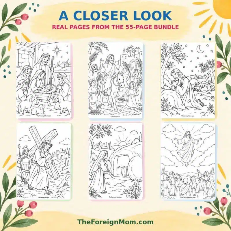Six Bible coloring pages from the 55-page printable bundle, featuring the Nativity, Palm Sunday, Jesus praying, the Crucifixion, the empty tomb, and the Ascension.