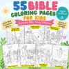 55 printable Bible coloring pages for kids with Old and New Testament stories and Scripture references.