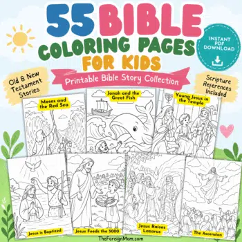55 printable Bible coloring pages for kids with Old and New Testament stories and Scripture references.