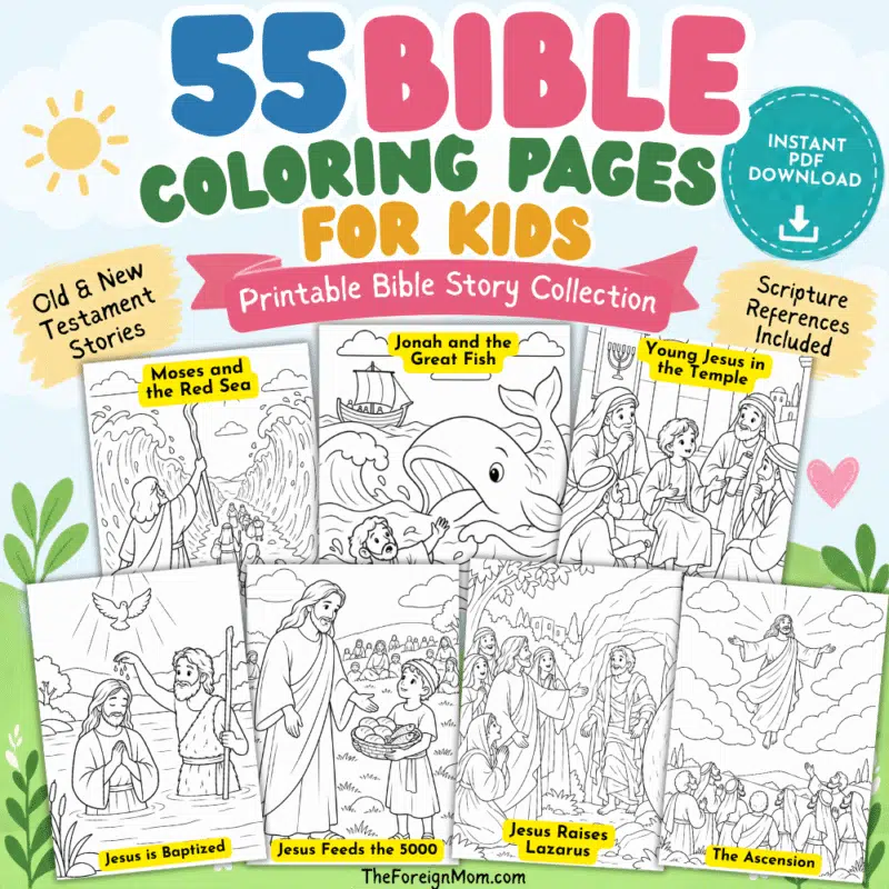 55 printable Bible coloring pages for kids with Old and New Testament stories and Scripture references.