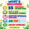 What’s included in the 55 Bible coloring pages bundle: Old and New Testament stories, Scripture references, A4 PDF, and instant download.