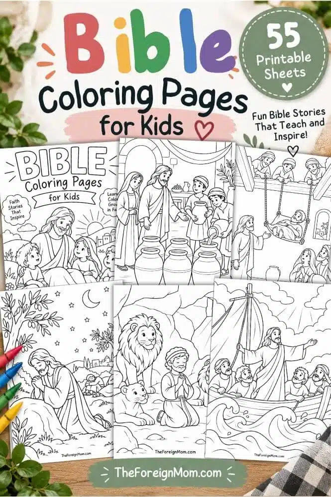 Pinterest graphic for 55 printable Bible coloring pages for kids featuring Bible story coloring sheets.
