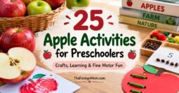 25 apple activities for preschoolers including crafts, learning activities, counting, and fine motor play.