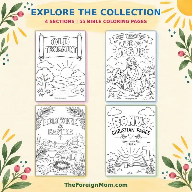 Bible coloring pages collection overview featuring Old Testament, Life of Jesus, Holy Week and Easter, and bonus Christian pages.
