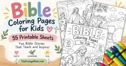 Bible coloring pages for kids with 55 printable Bible story coloring sheets.