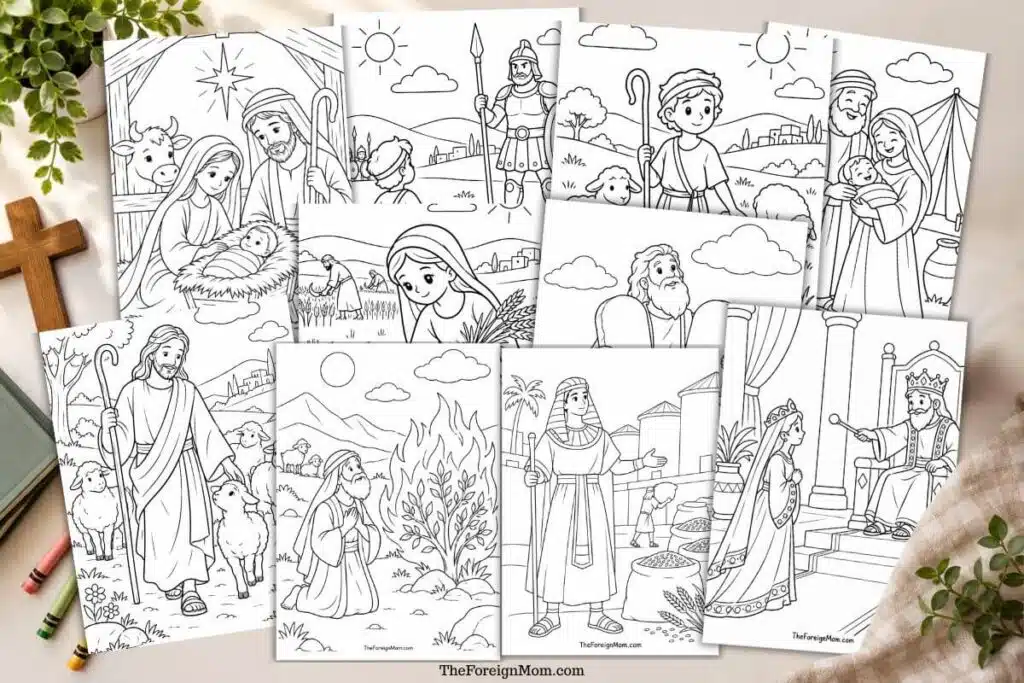 Preview of printable Bible coloring pages showing the Nativity, the Good Shepherd, the burning bush, and other Bible stories.