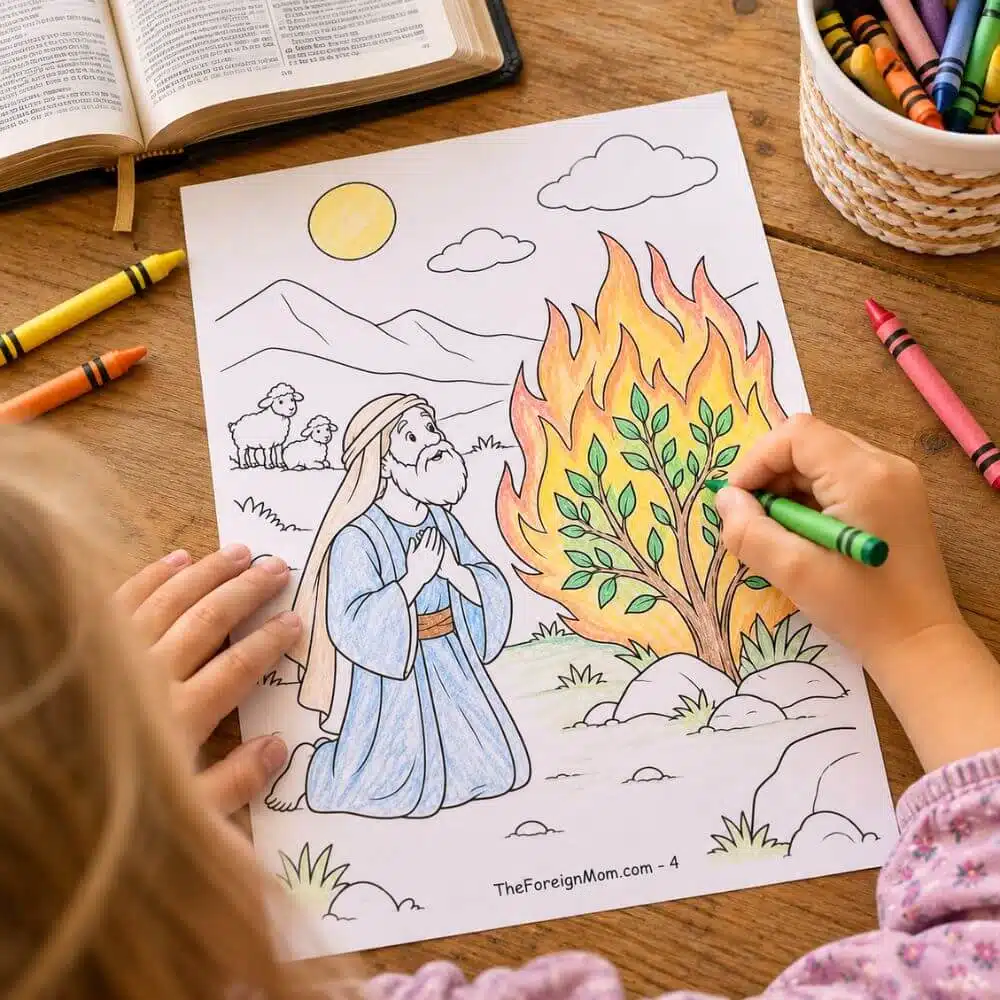 Child coloring Moses and the burning bush printable Bible coloring page for kids.