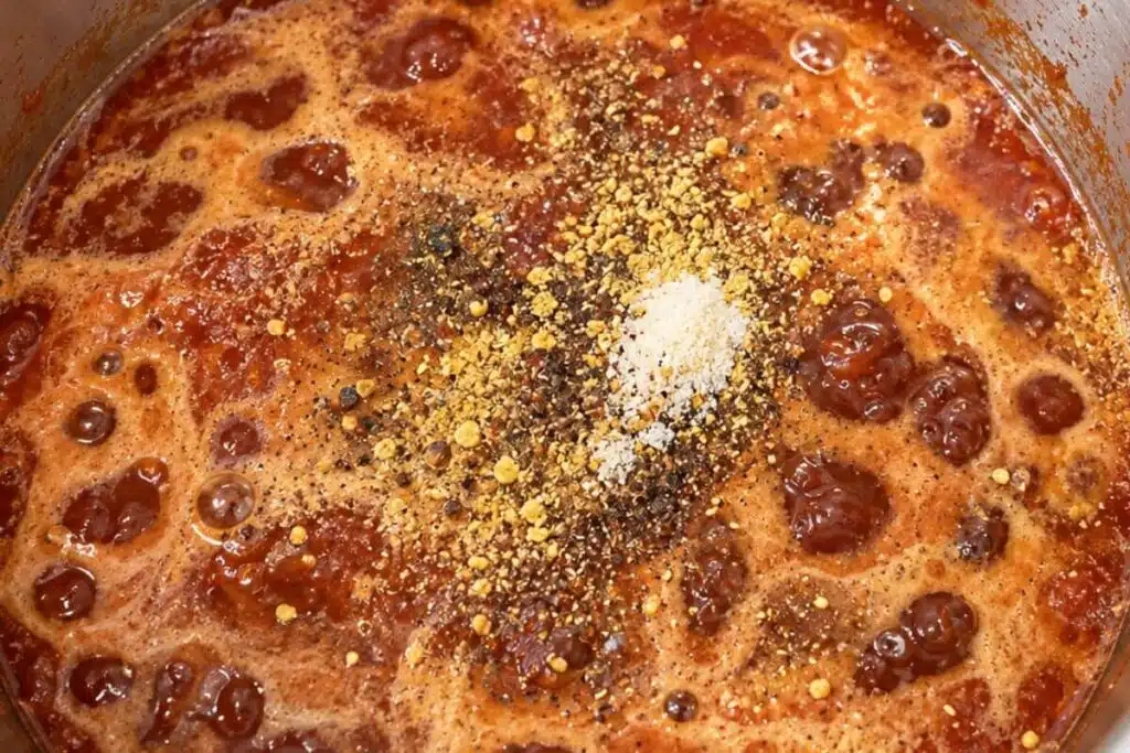 Crushed mustard seeds and seasonings added to Country Sweet sauce simmering in a stainless steel saucepan.