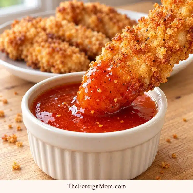 Crispy chicken tender dipped into a white ramekin of glossy, reddish-orange Country Sweet sauce.
