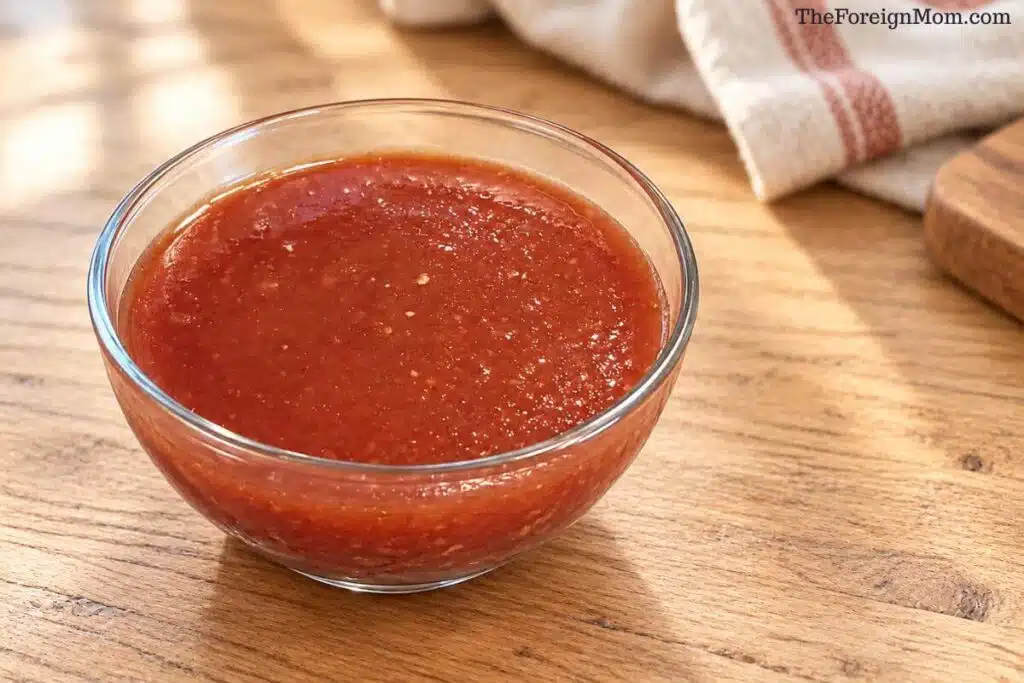 Homemade Country Sweet sauce cooling in a clear glass bowl on a countertop.
