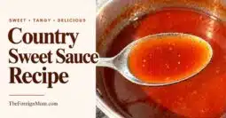 Spoonful of homemade Country Sweet sauce over a saucepan, beside the headline “Country Sweet Sauce Recipe.