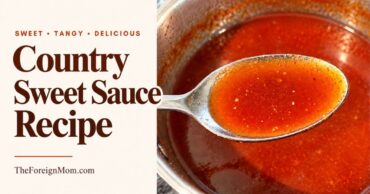 Spoonful of homemade Country Sweet sauce over a saucepan, beside the headline “Country Sweet Sauce Recipe.