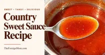 Spoonful of homemade Country Sweet sauce over a saucepan, beside the headline “Country Sweet Sauce Recipe.