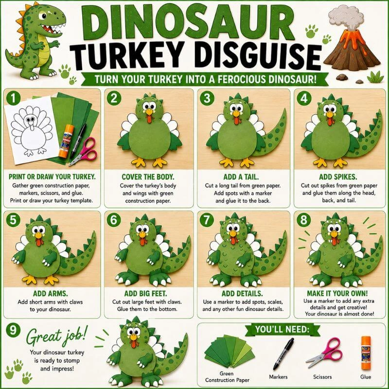 Dinosaur turkey disguise tutorial with green construction paper, dinosaur tail, spikes, claws, and giant feet.
