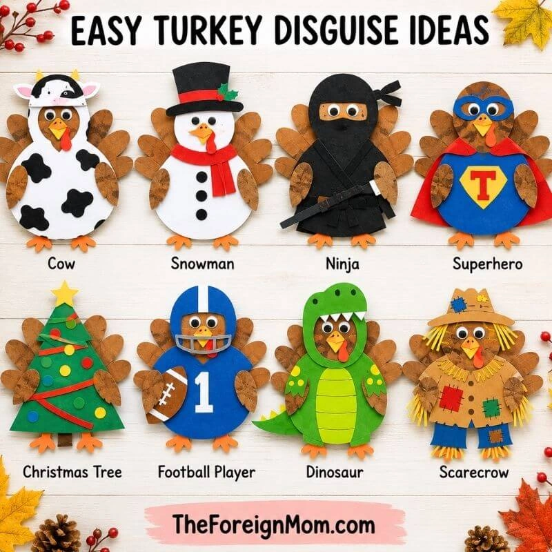 Eight easy turkey disguise ideas for kids including cow, snowman, ninja, superhero, Christmas tree, football player, dinosaur, and scarecrow.