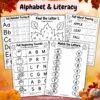 Fall alphabet and literacy worksheets for preschool and kindergarten with letter tracing, beginning sounds, letter matching, letter recognition, and fall word tracing.