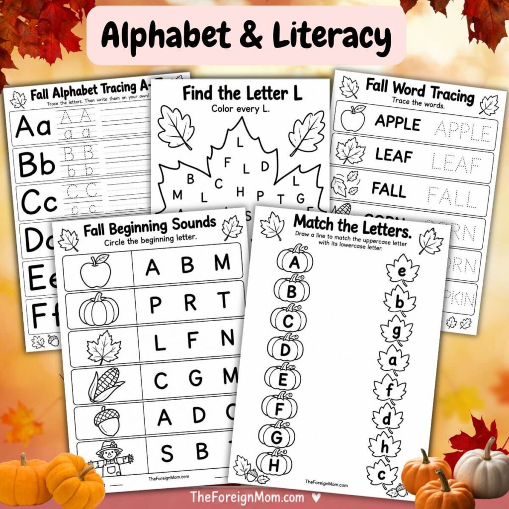 Fall alphabet and literacy worksheets for preschool and kindergarten with letter tracing, beginning sounds, letter matching, letter recognition, and fall word tracing.