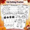 Fall tracing and pre-writing worksheets for preschool and kindergarten kids with tracing paths, pumpkins, leaves, shapes, and a squirrel activity.