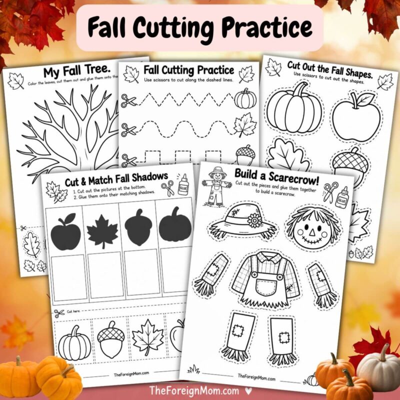 Fall tracing and pre-writing worksheets for preschool and kindergarten kids with tracing paths, pumpkins, leaves, shapes, and a squirrel activity.