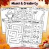 Fall mazes and creativity worksheets for preschool and kindergarten with fall mazes, I Spy activities, pumpkin drawing, matching, and creative activities.