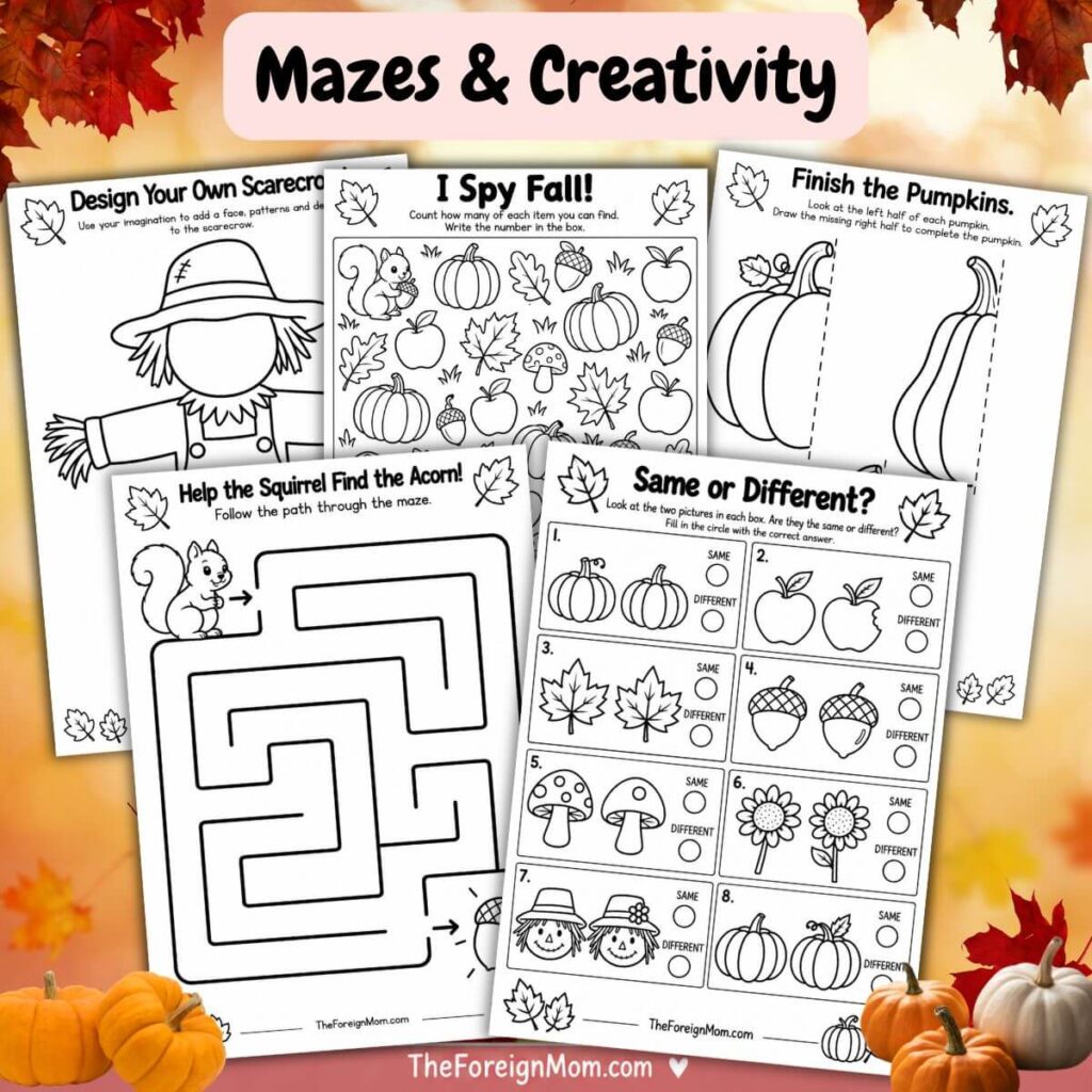 Fall mazes and creativity worksheets for preschool and kindergarten with fall mazes, I Spy activities, pumpkin drawing, matching, and creative activities.