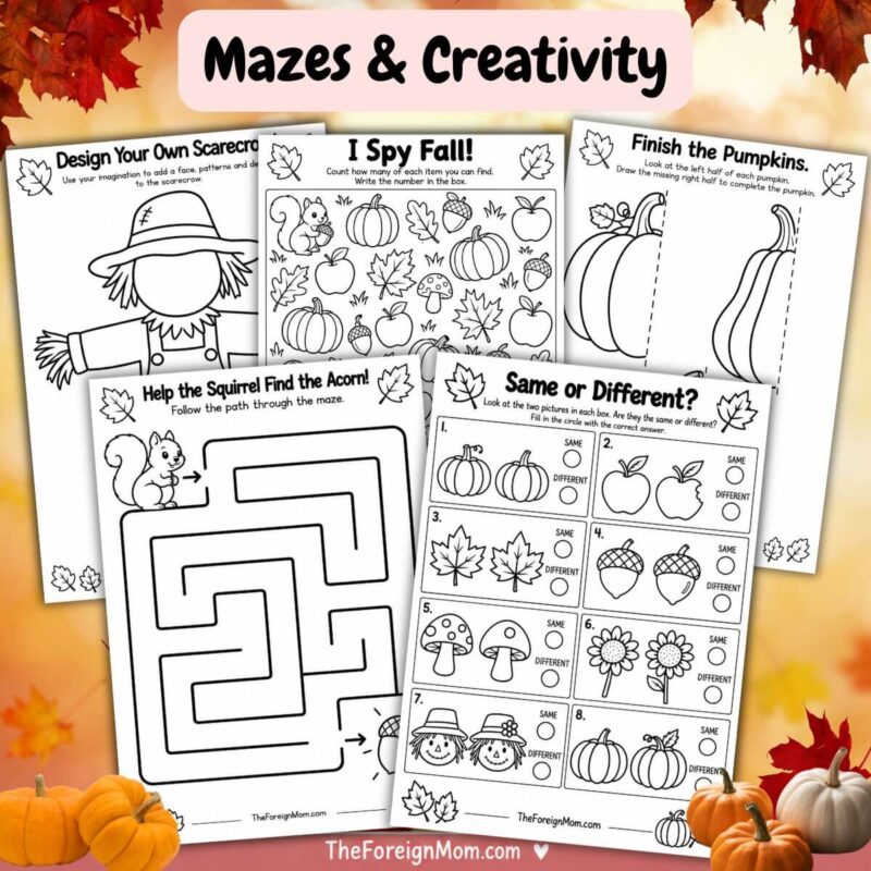 Fall mazes and creativity worksheets for preschool and kindergarten with fall mazes, I Spy activities, pumpkin drawing, matching, and creative activities.