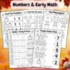 Fall numbers and early math worksheets for preschool and kindergarten with pumpkin counting, fall leaves, apples, number tracing, and number matching.