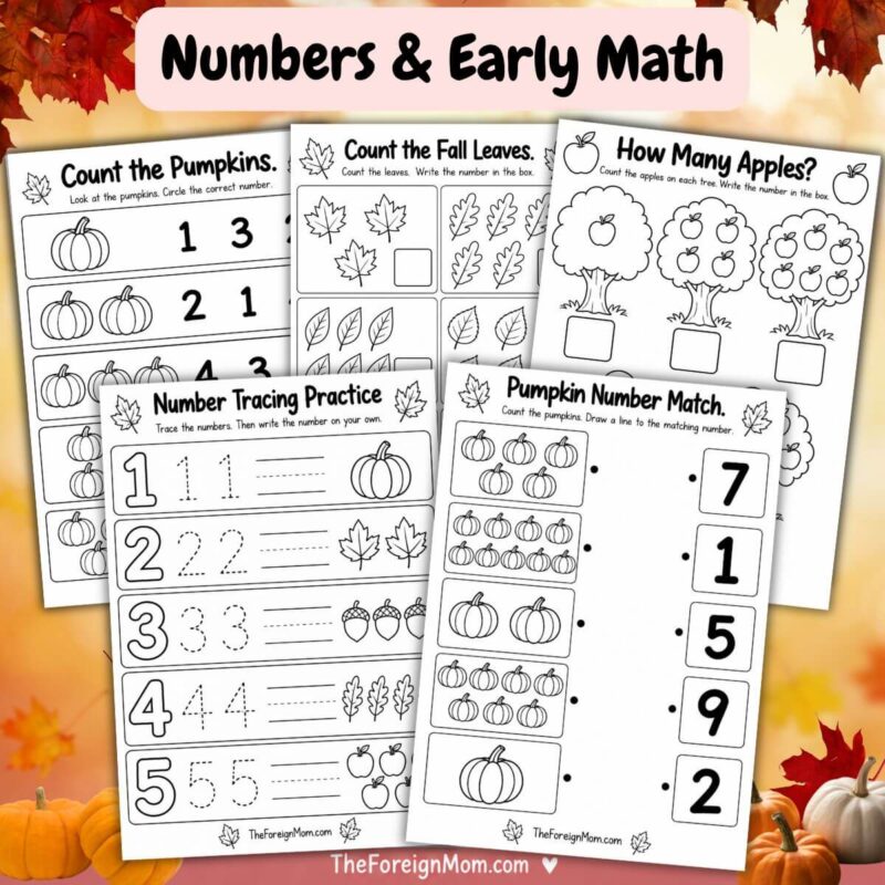 Fall numbers and early math worksheets for preschool and kindergarten with pumpkin counting, fall leaves, apples, number tracing, and number matching.
