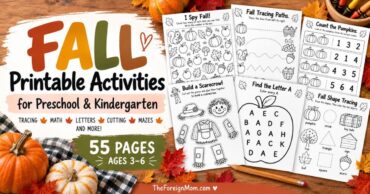Fall printable activities for preschool and kindergarten featuring tracing, math, alphabet, cutting, and maze worksheets for ages 3–6.
