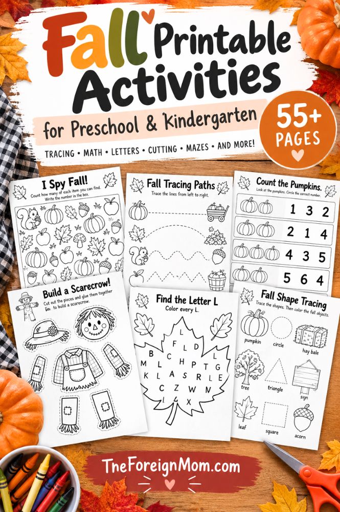 Fall printable activities for preschool and kindergarten with tracing, math, alphabet, cutting, and maze worksheets for ages 3–6.
