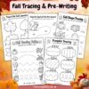 Fall tracing and pre-writing worksheets for preschool and kindergarten kids with tracing paths, pumpkins, leaves, shapes, and a squirrel activity.