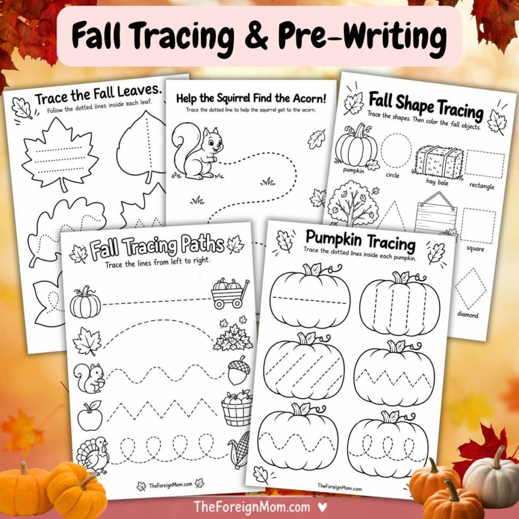 Fall tracing and pre-writing worksheets for preschool and kindergarten kids with tracing paths, pumpkins, leaves, shapes, and a squirrel activity.