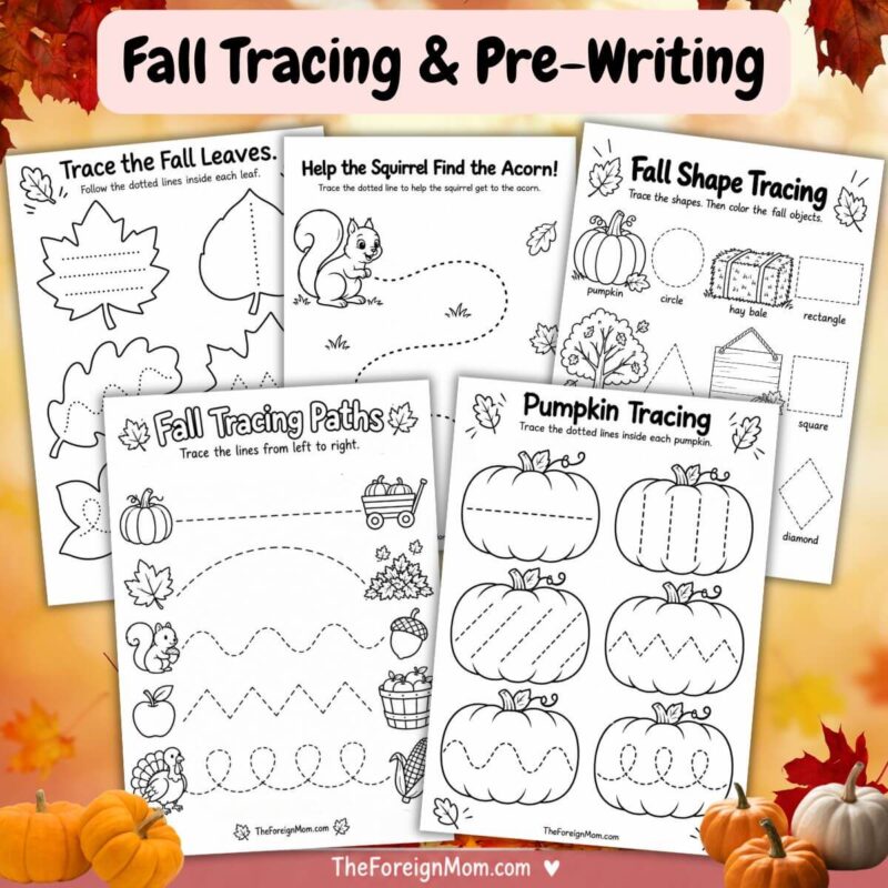 Fall tracing and pre-writing worksheets for preschool and kindergarten kids with tracing paths, pumpkins, leaves, shapes, and a squirrel activity.
