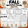 Fall worksheet bundle for ages 3-6 with 50+ printable preschool learning activities.