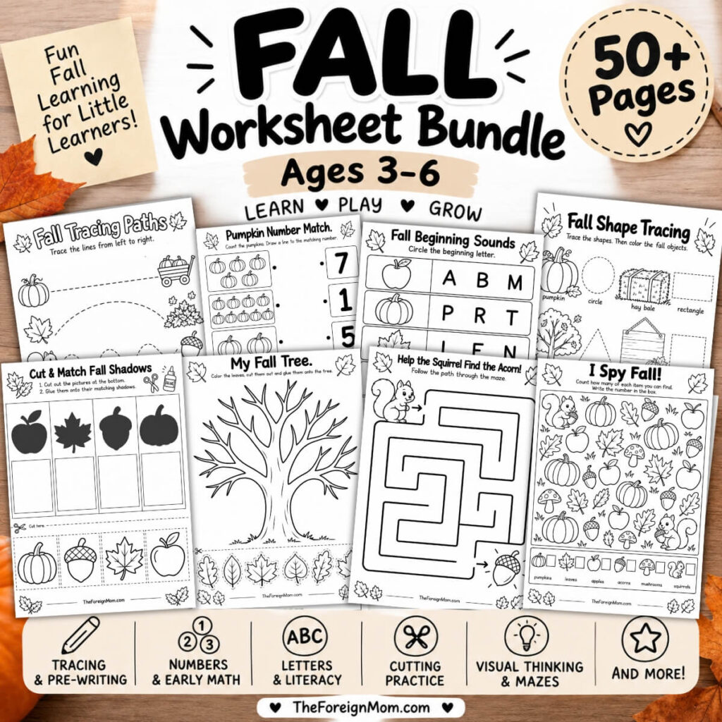 Fall worksheet bundle for ages 3-6 with 50+ printable preschool learning activities.