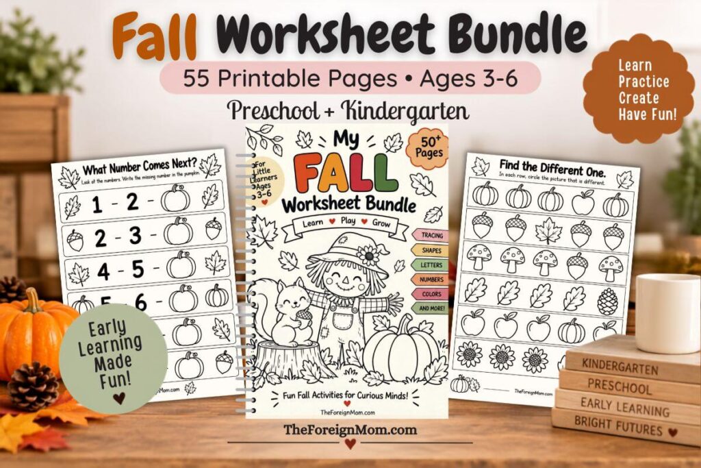 Fall worksheet bundle for preschool and kindergarten with 55 printable learning activities for ages 3–6.