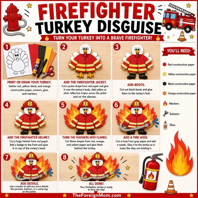Firefighter turkey disguise tutorial with red jacket, reflective stripes, boots, helmet, flame feathers, and fire hose.