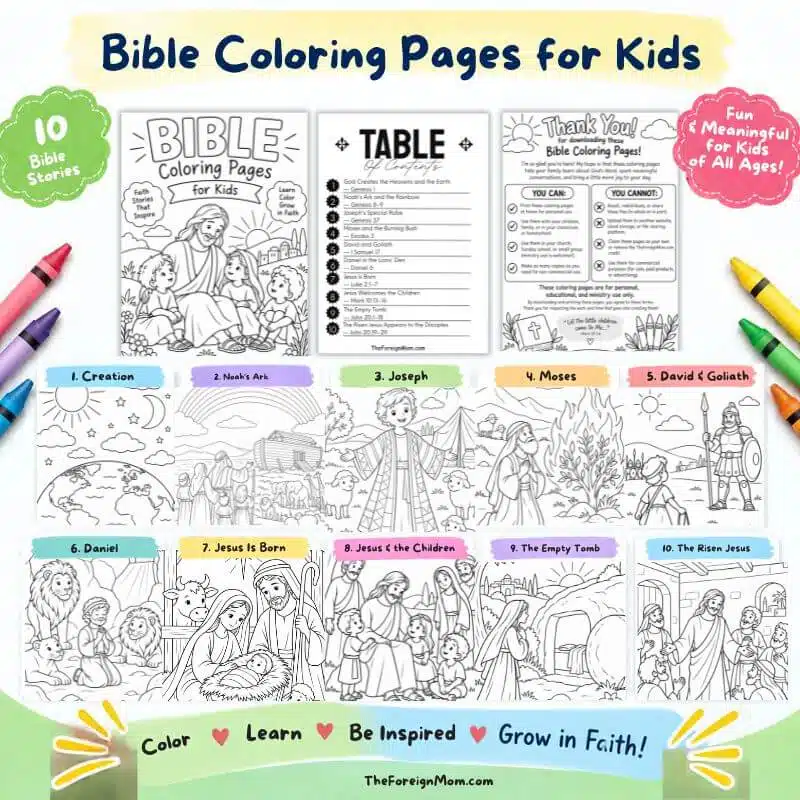 Free Bible coloring pages for kids with 10 printable Bible stories including Creation, Noah’s Ark, Moses, David and Goliath, Daniel, and Jesus.