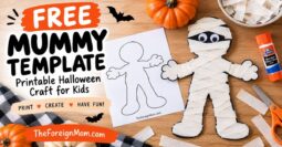 Free mummy template printable with an easy paper strip Halloween mummy craft for kids.