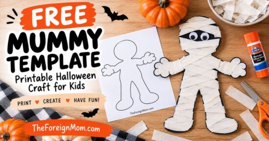 Free mummy template printable with an easy paper strip Halloween mummy craft for kids.