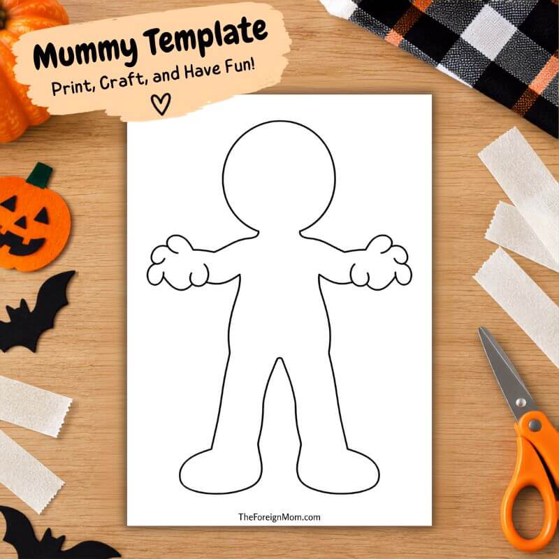 Free mummy template printable for an easy Halloween craft for kids.