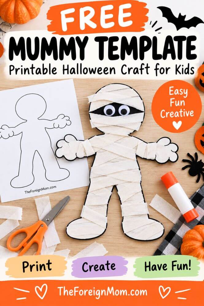 Free mummy template printable with finished paper strip mummy craft for kids.