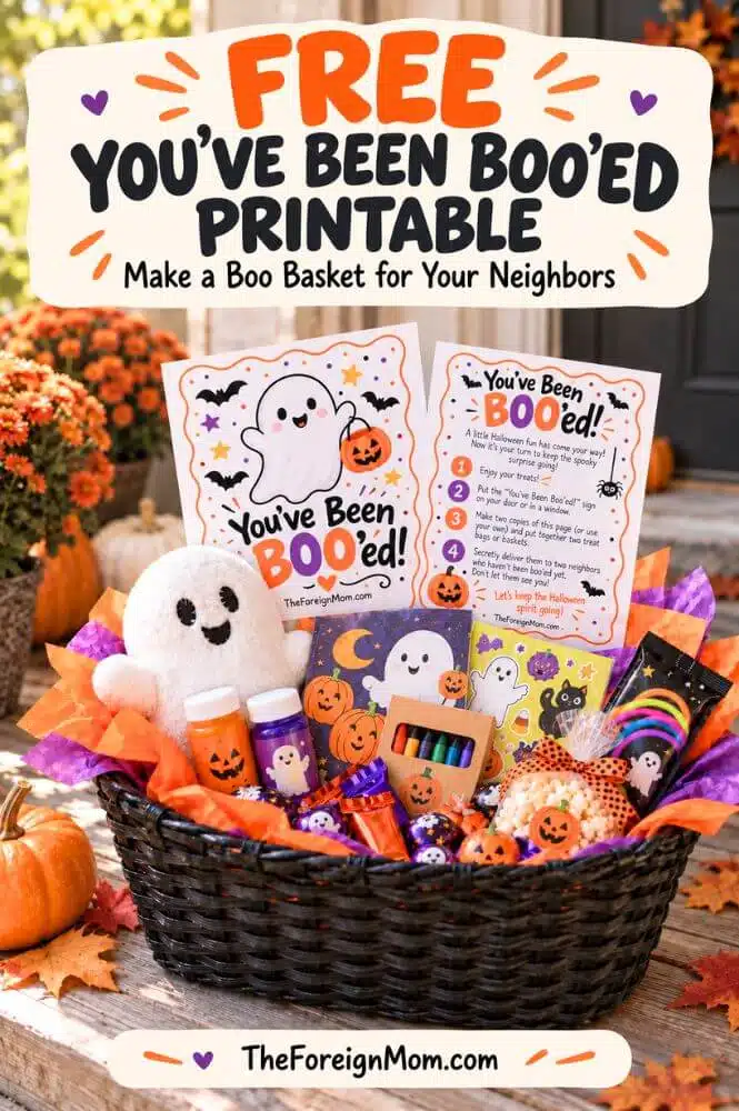 Pinterest pin showing a Halloween boo basket with treats, a ghost plush, and two You’ve Been Boo’ed printable pages.
