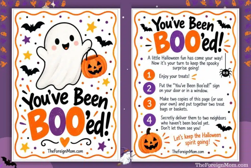 Two Halloween printables shown side by side: a “You’ve Been Booed” ghost sign and instructions for passing the surprise to neighbors.