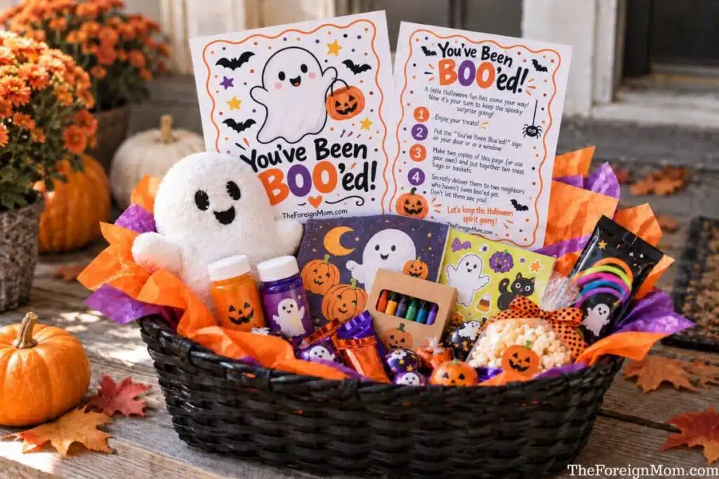 Halloween boo basket filled with treats, activities, a ghost plush, and two You’ve Been Boo’ed printable pages.