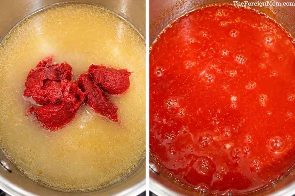 Two cooking steps showing tomato paste added to liquid, then the red sauce simmering in a saucepan.