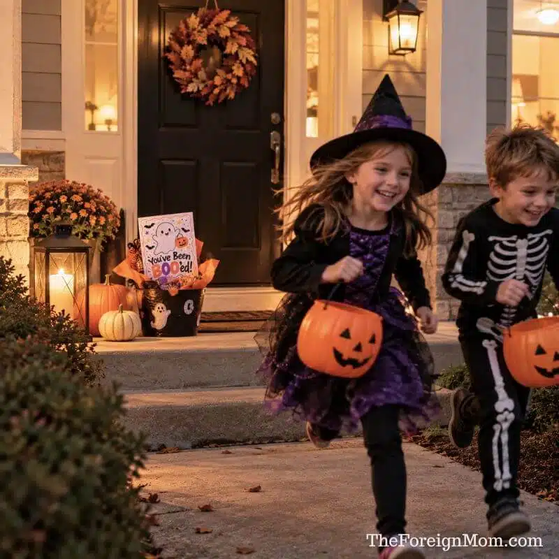 Kids running away after leaving a You’ve Been Booed Halloween basket and printable on a neighbor’s doorstep.