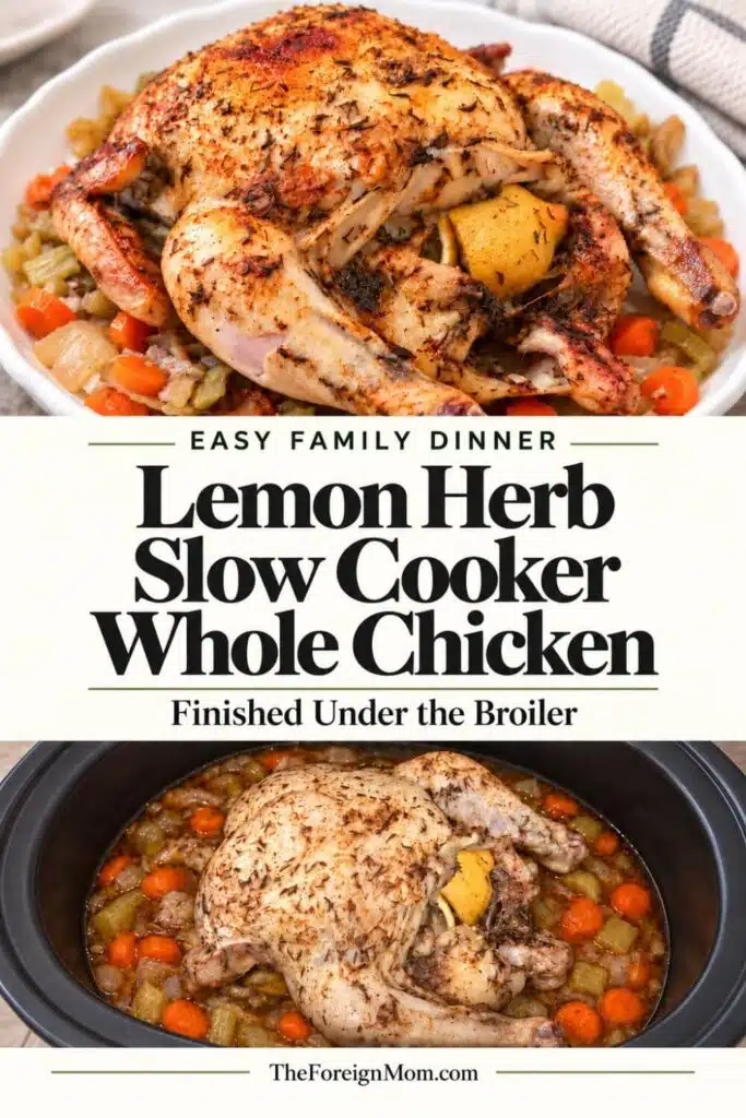 Pinterest pin showing lemon herb whole chicken on a platter and in a slow cooker, with the headline “Lemon Herb Slow Cooker Whole Chicken.”
